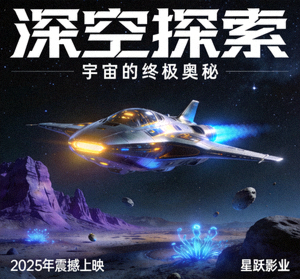 科幻电影《深空探索》海报，展示太空飞船与外星景观