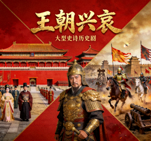 历史剧《王朝兴衰》海报，古代宫廷与战争场景
